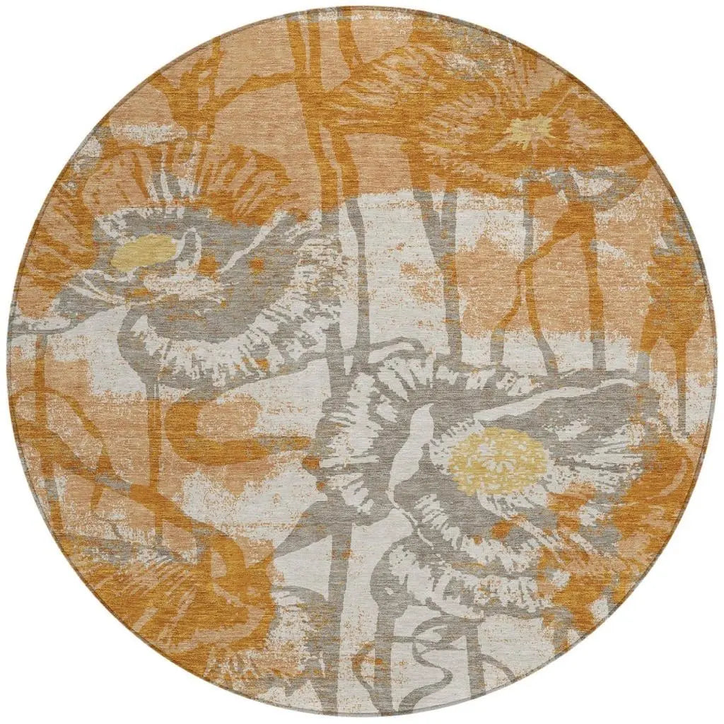 8' Copper And Orange Round Floral Washable Indoor Outdoor Area Rug Homeroots Outdoor