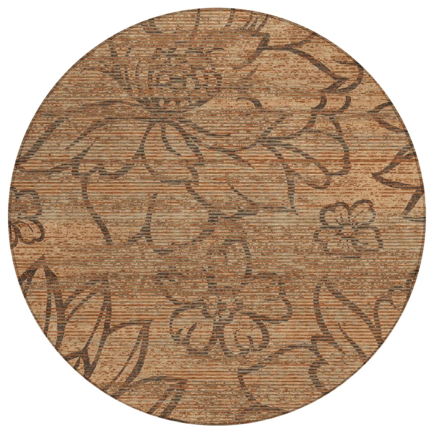 8' Copper And Orange Round Floral Washable Indoor Outdoor Area Rug Homeroots Outdoor