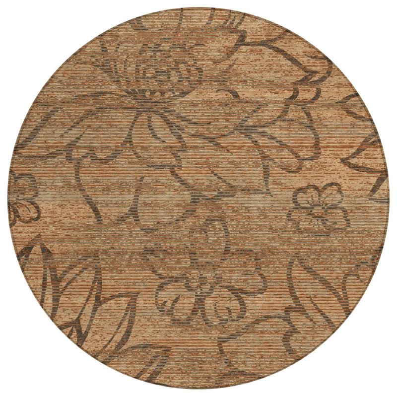 8' Copper And Orange Round Floral Washable Indoor Outdoor Area Rug Homeroots Outdoor