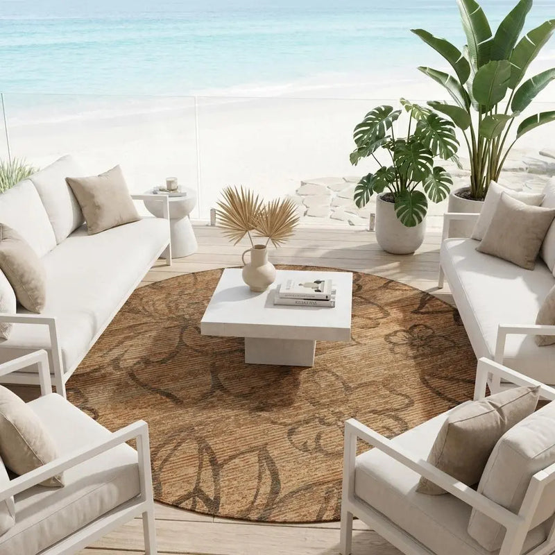 8' Copper And Orange Round Floral Washable Indoor Outdoor Area Rug Homeroots Outdoor