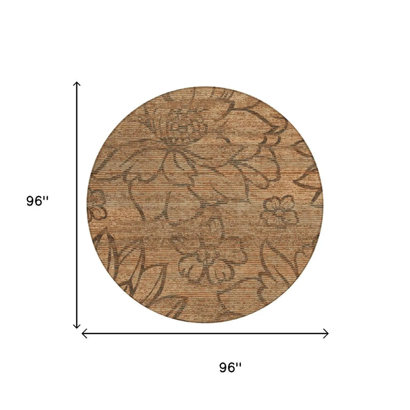 8' Copper And Orange Round Floral Washable Indoor Outdoor Area Rug Homeroots Outdoor