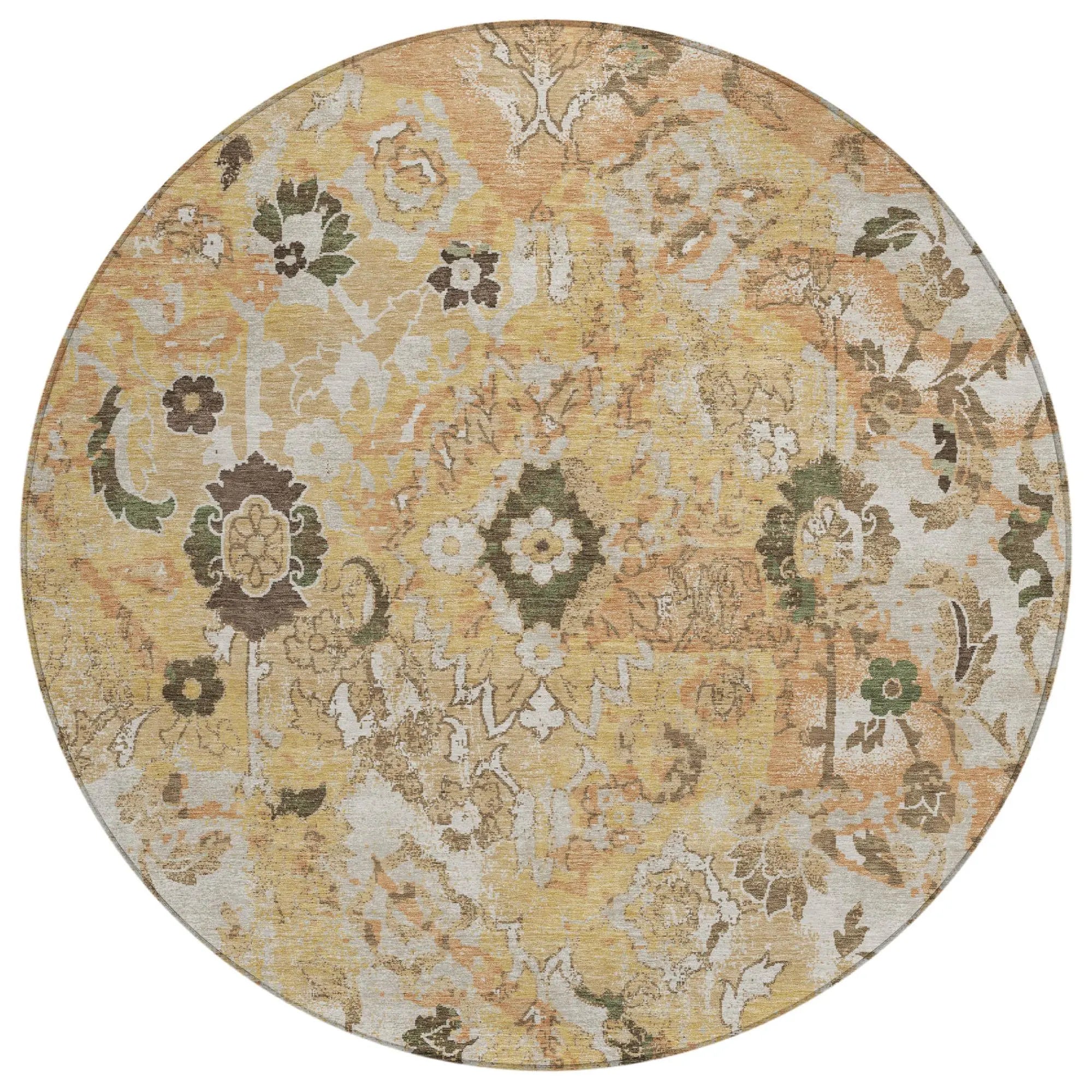 8' Copper And Orange Round Floral Washable Indoor Outdoor Area Rug Homeroots Outdoor