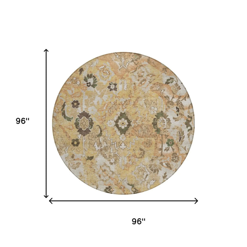 8' Copper And Orange Round Floral Washable Indoor Outdoor Area Rug Homeroots Outdoor