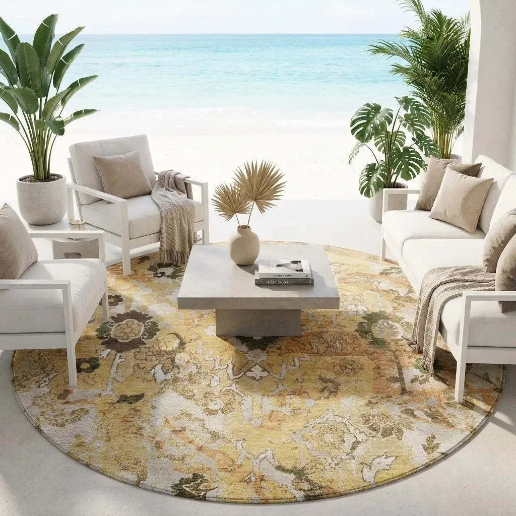 8' Copper And Orange Round Floral Washable Indoor Outdoor Area Rug Homeroots Outdoor