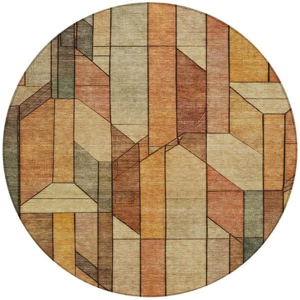8' Copper And Orange Round Geometric Washable Indoor Outdoor Area Rug Homeroots Outdoor