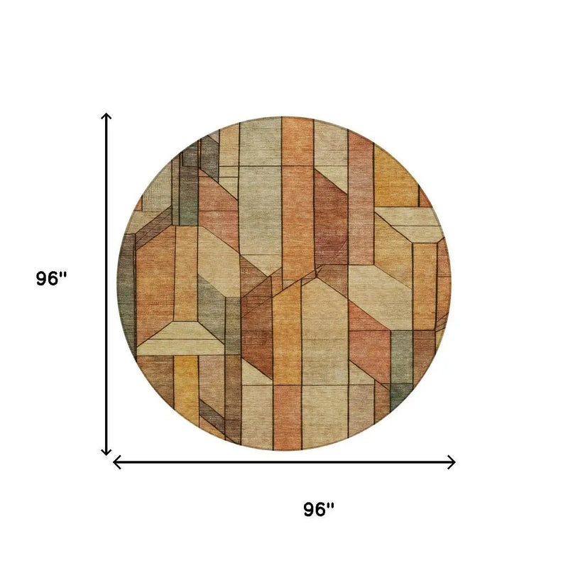 8' Copper And Orange Round Geometric Washable Indoor Outdoor Area Rug Homeroots Outdoor