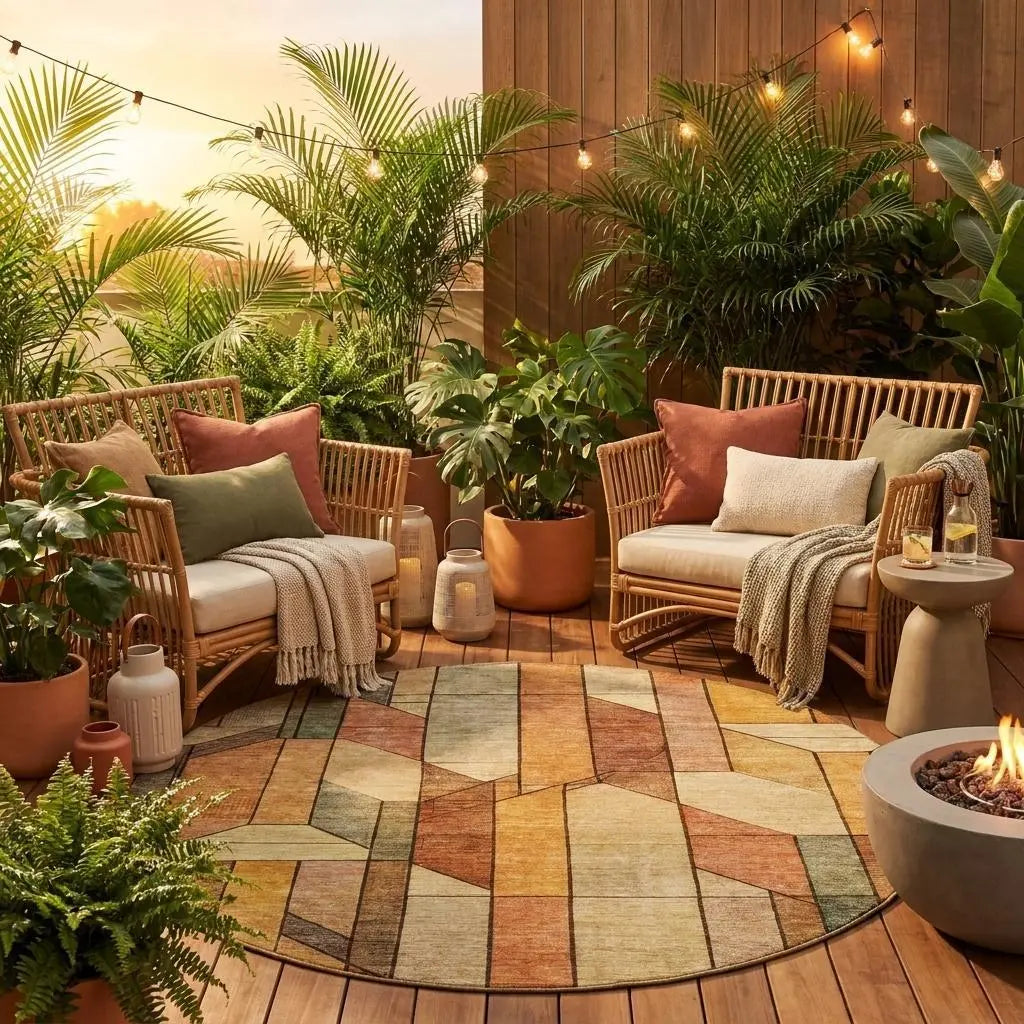 8' Copper And Orange Round Geometric Washable Indoor Outdoor Area Rug Homeroots Outdoor