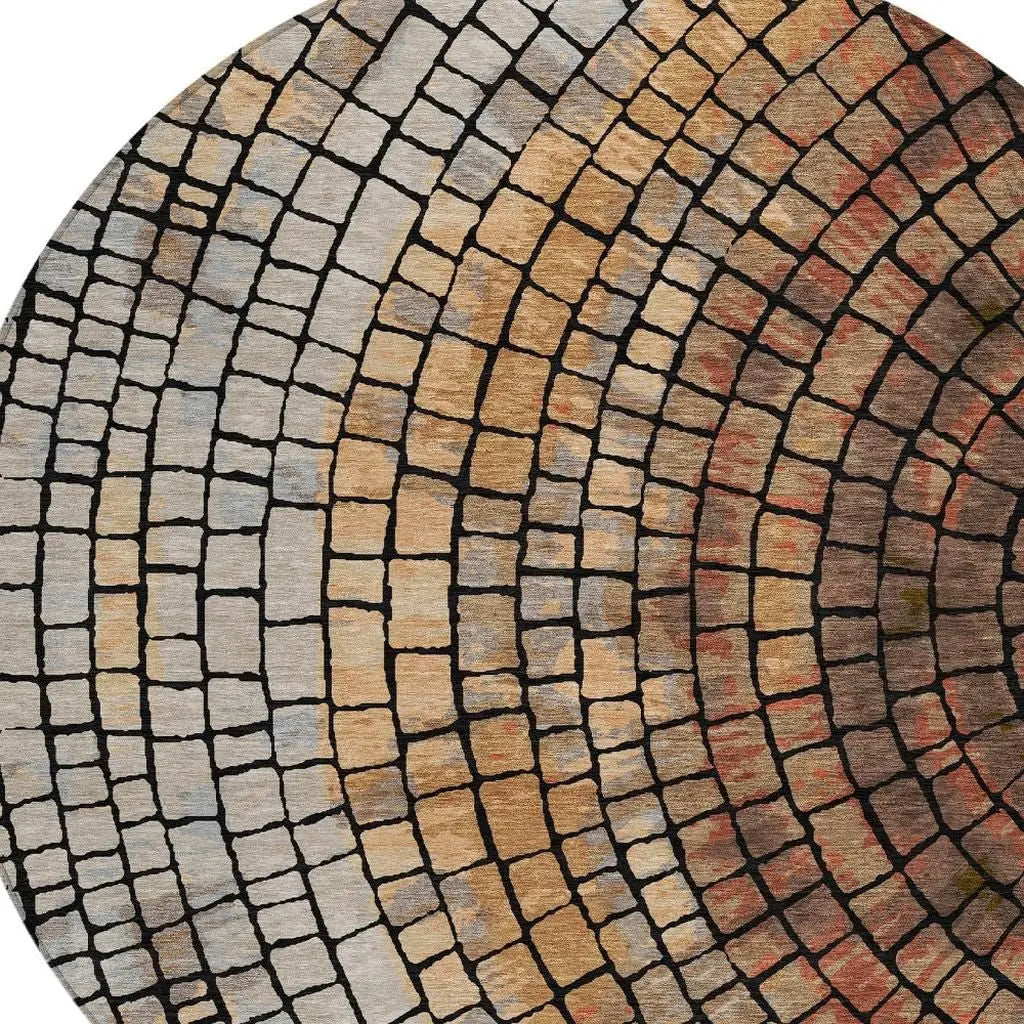 8' Copper And Orange Round Geometric Washable Indoor Outdoor Area Rug Homeroots Outdoor