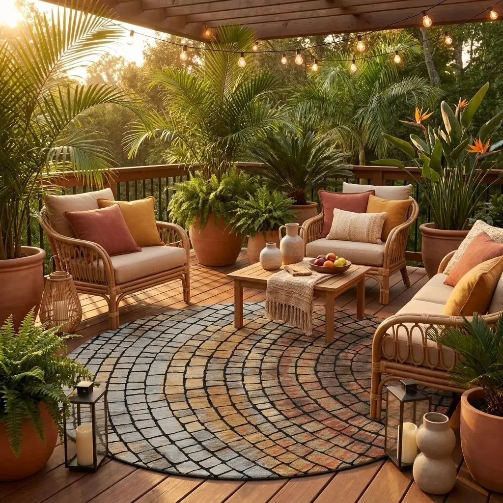 8' Copper And Orange Round Geometric Washable Indoor Outdoor Area Rug Homeroots Outdoor