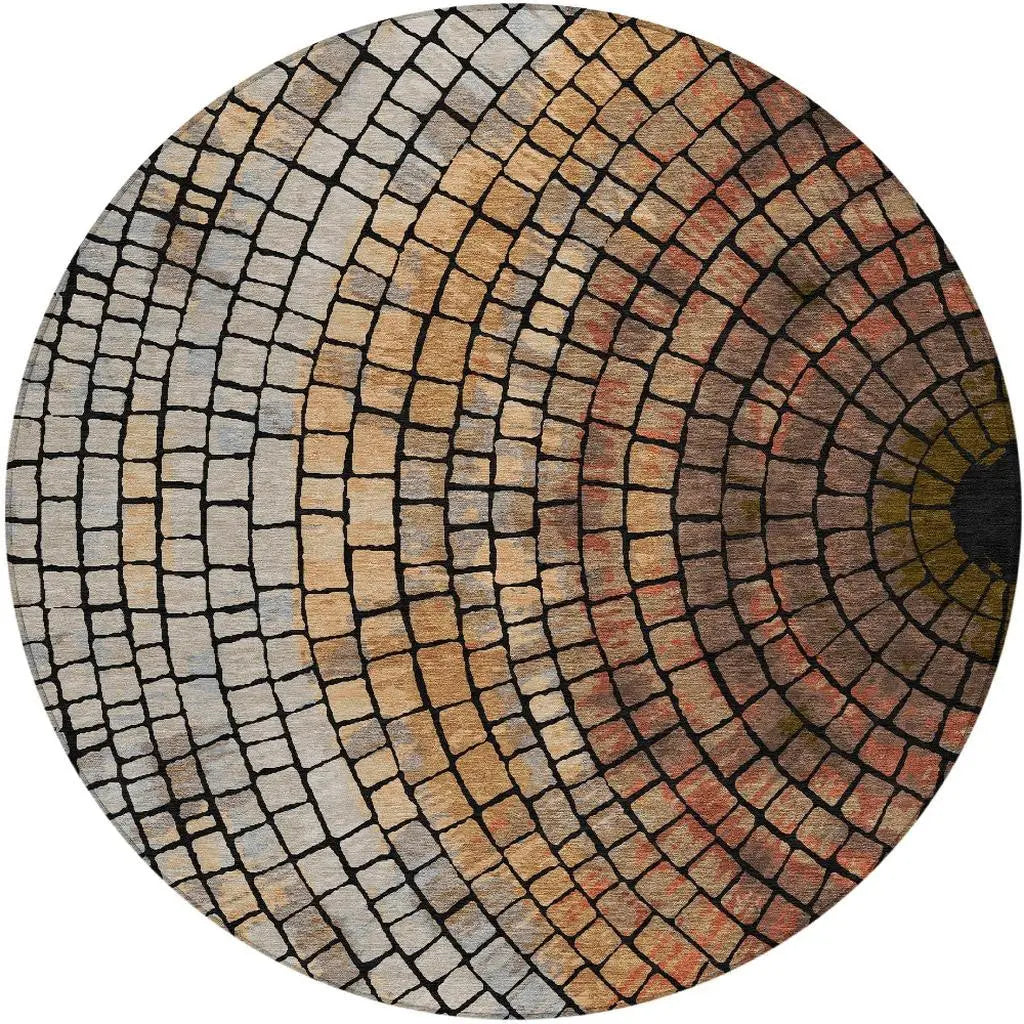 8' Copper And Orange Round Geometric Washable Indoor Outdoor Area Rug Homeroots Outdoor