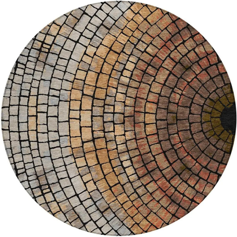 8' Copper And Orange Round Geometric Washable Indoor Outdoor Area Rug Homeroots Outdoor