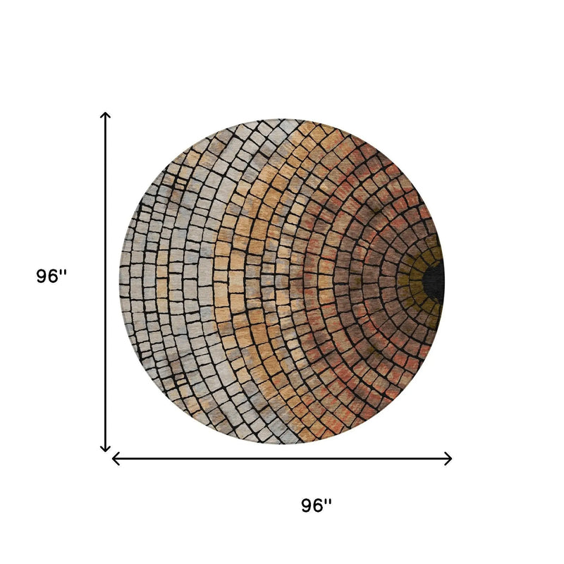 8' Copper And Orange Round Geometric Washable Indoor Outdoor Area Rug Homeroots Outdoor