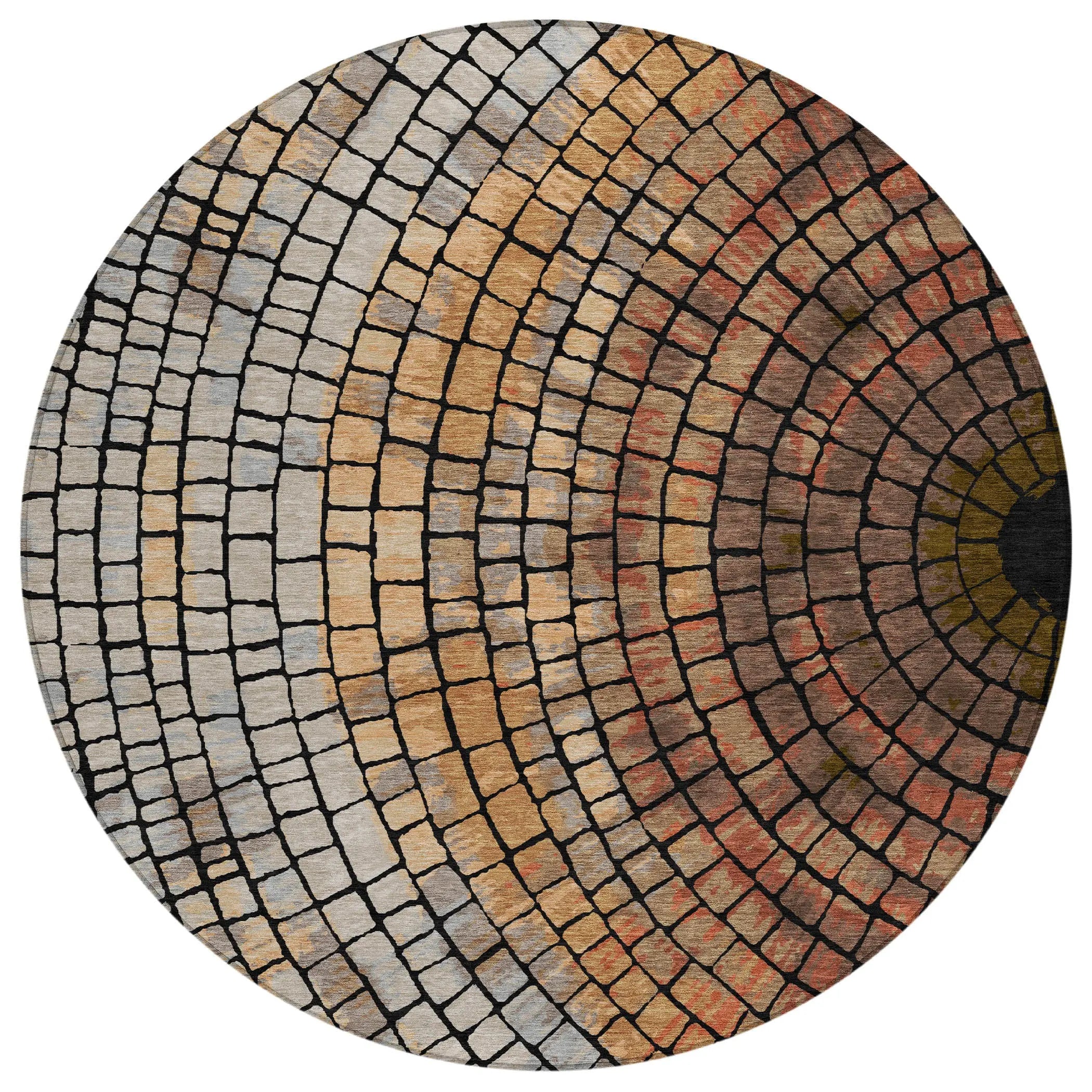 8' Copper And Orange Round Geometric Washable Indoor Outdoor Area Rug Homeroots Outdoor
