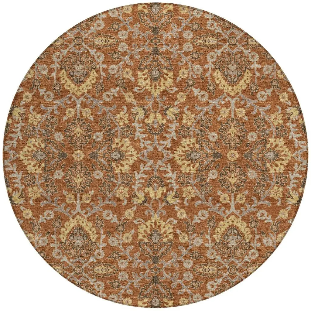8' Copper And Orange Round Geometric Washable Indoor Outdoor Area Rug Homeroots Outdoor