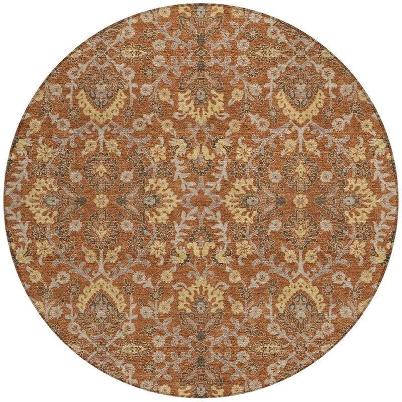 8' Copper And Orange Round Geometric Washable Indoor Outdoor Area Rug Homeroots Outdoor