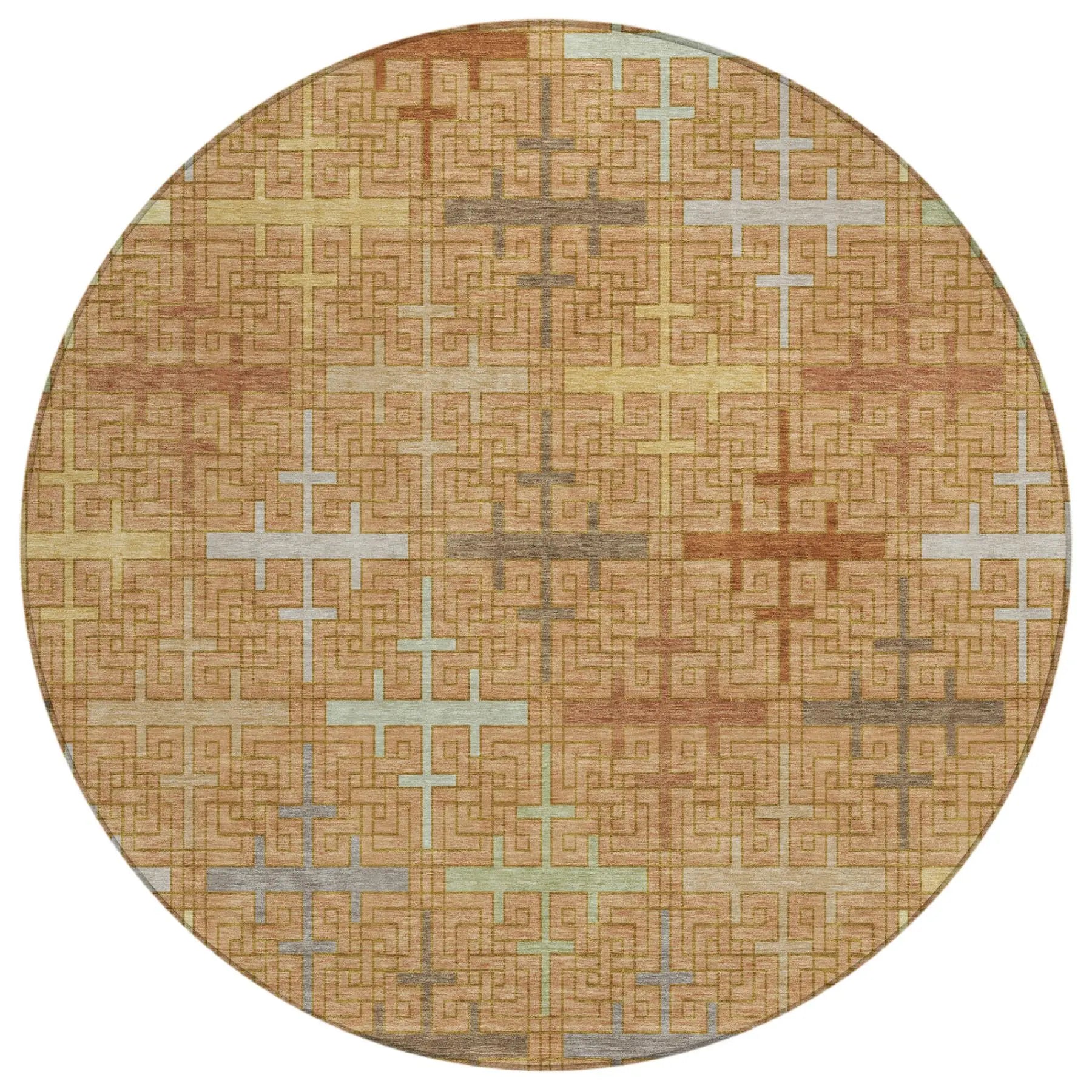 8' Copper And Orange Round Geometric Washable Indoor Outdoor Area Rug Homeroots Outdoor