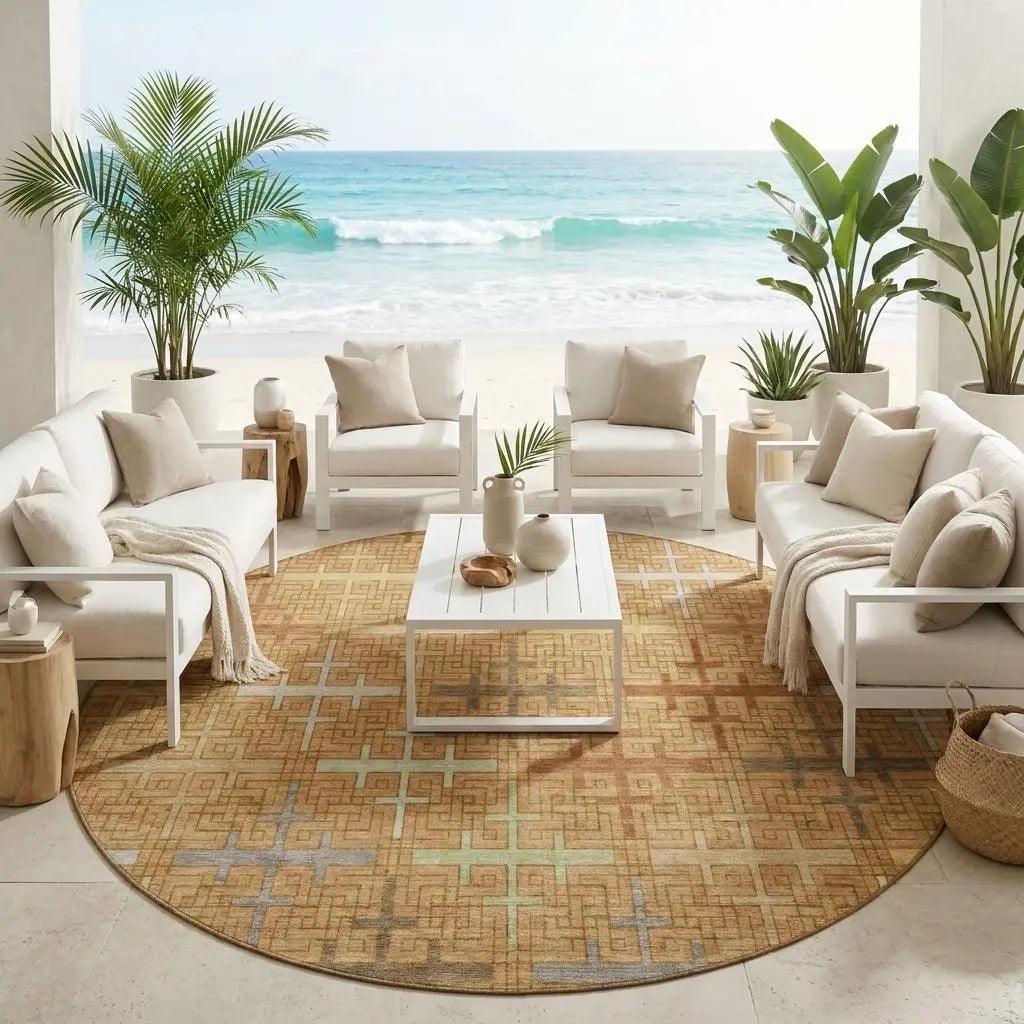 8' Copper And Orange Round Geometric Washable Indoor Outdoor Area Rug Homeroots Outdoor