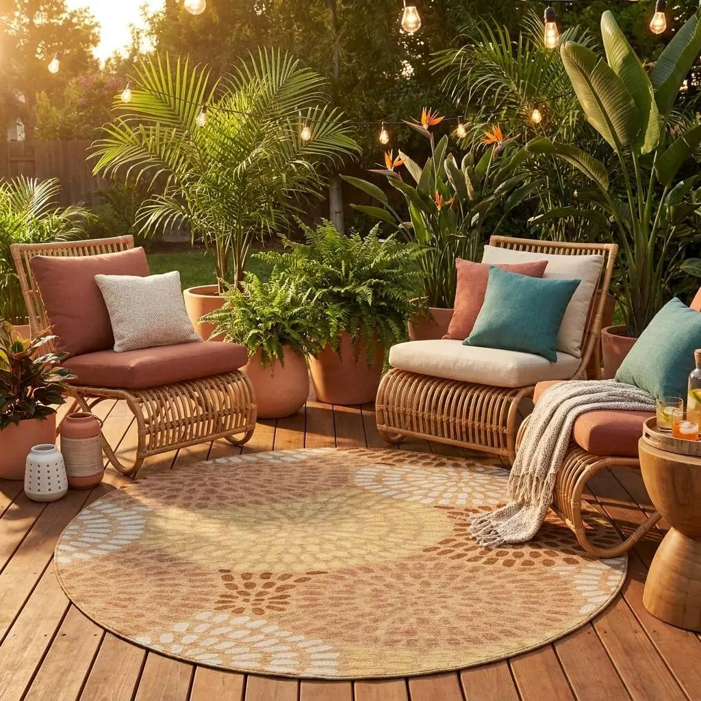 8' Copper And Orange Round Geometric Washable Indoor Outdoor Area Rug Homeroots Outdoor