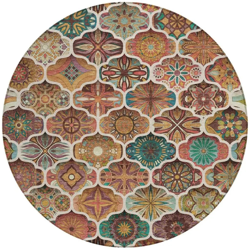8' Copper And Orange Round Ogee Washable Indoor Outdoor Area Rug Homeroots Outdoor