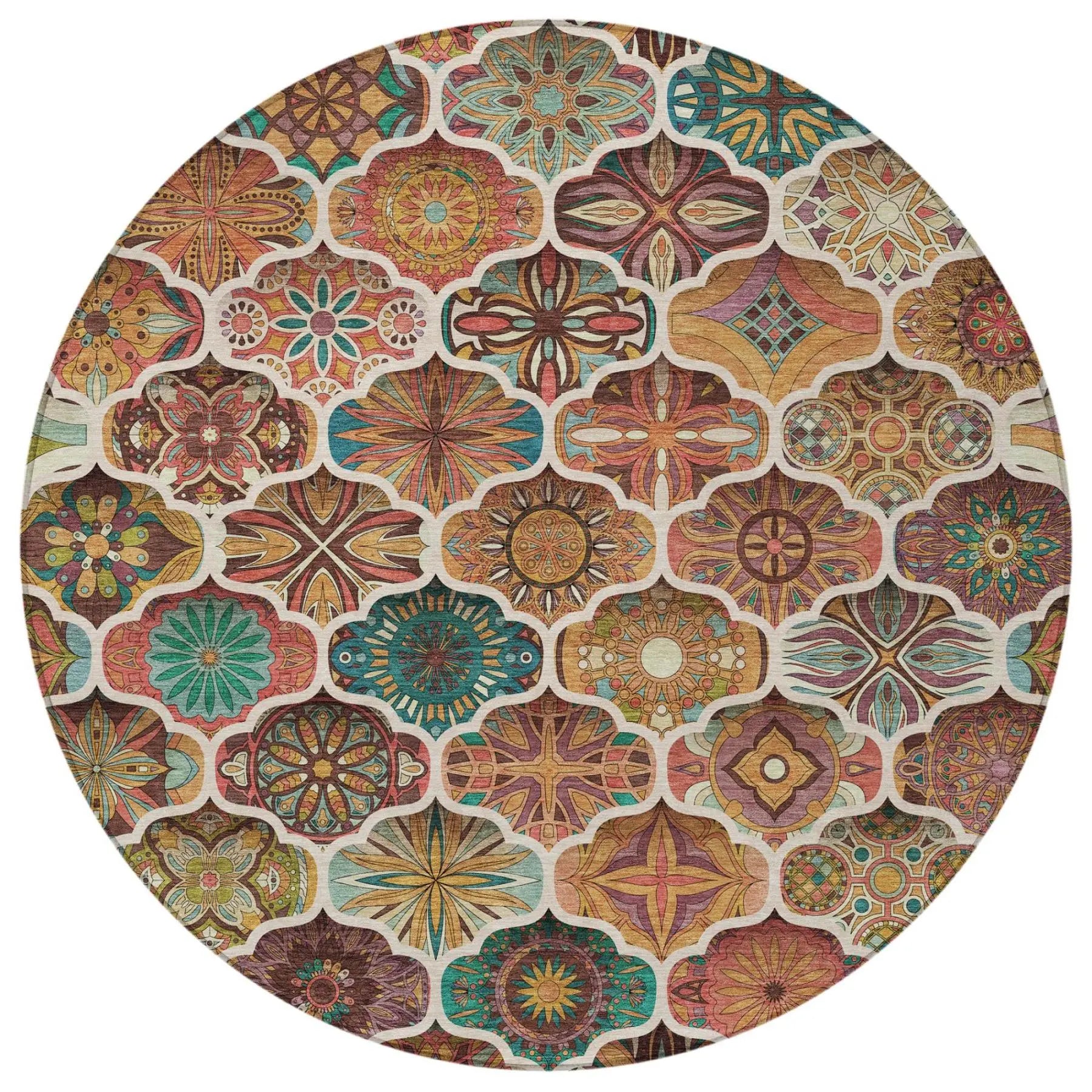 8' Copper And Orange Round Ogee Washable Indoor Outdoor Area Rug Homeroots Outdoor