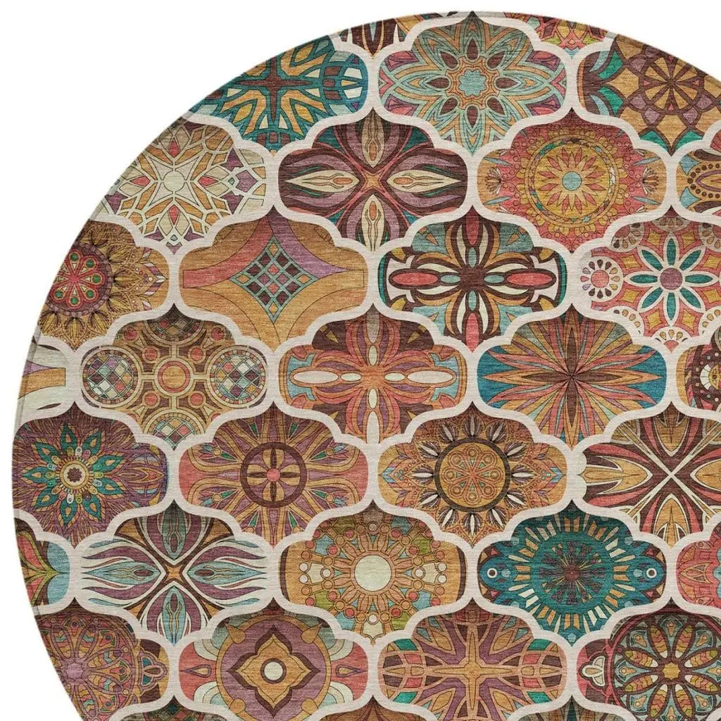 8' Copper And Orange Round Ogee Washable Indoor Outdoor Area Rug Homeroots Outdoor