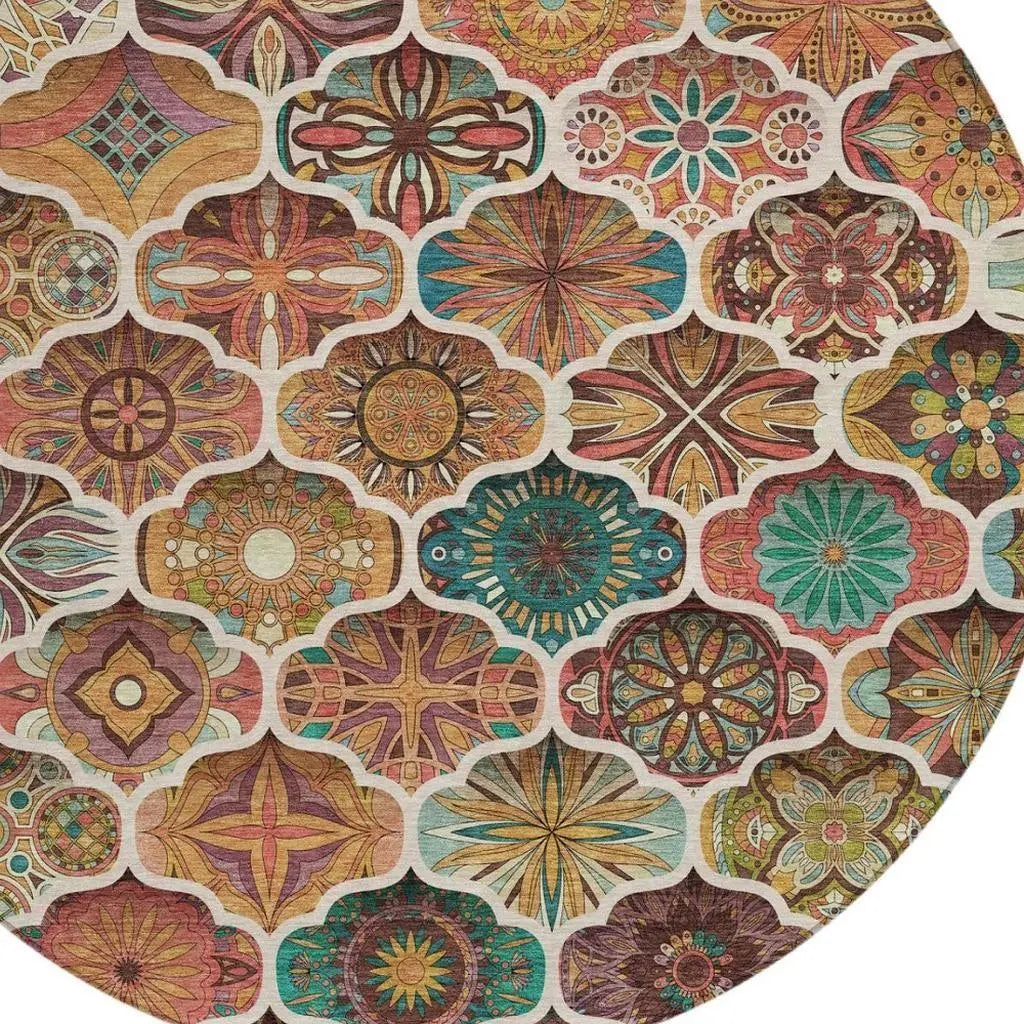 8' Copper And Orange Round Ogee Washable Indoor Outdoor Area Rug Homeroots Outdoor