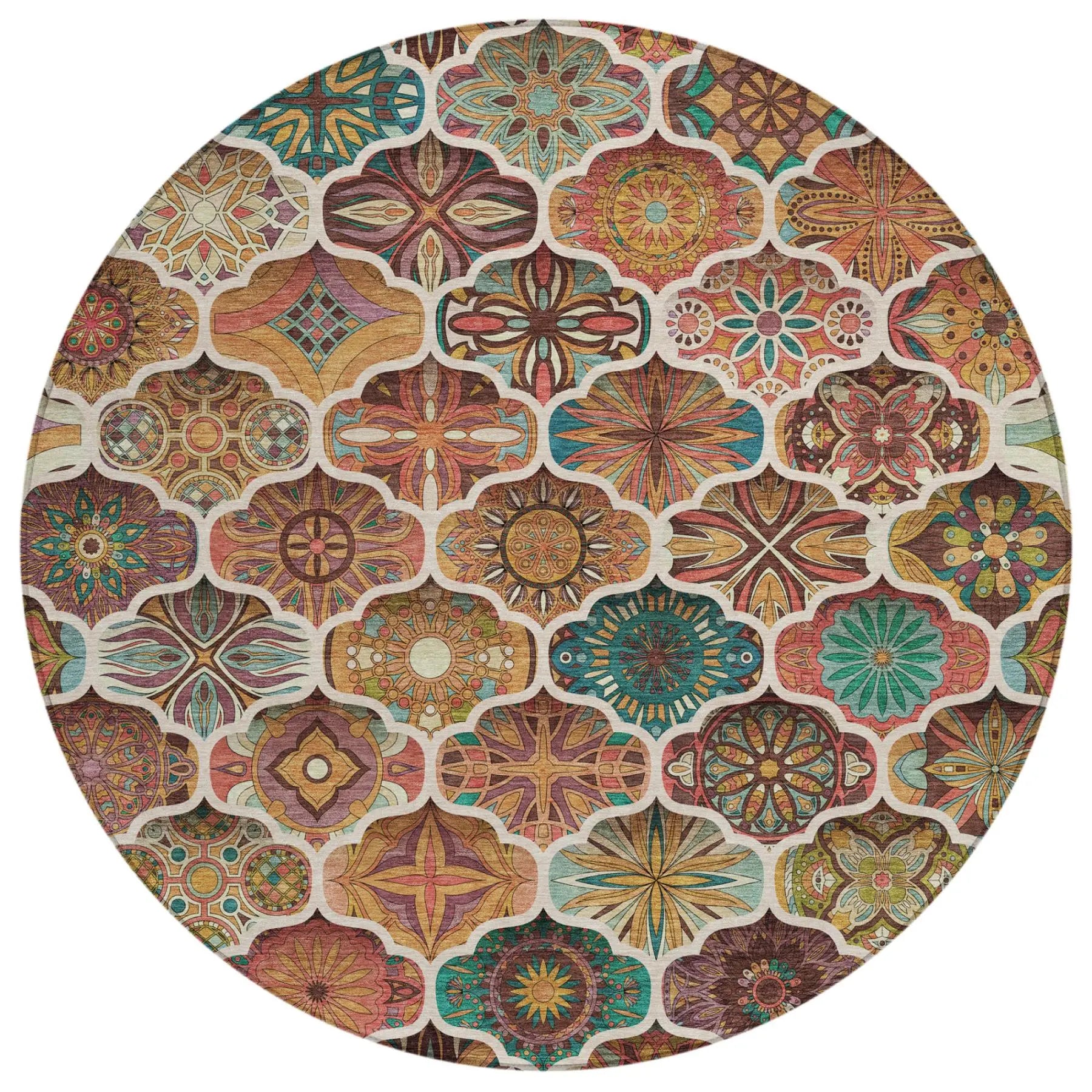 8' Copper And Orange Round Ogee Washable Indoor Outdoor Area Rug Homeroots Outdoor