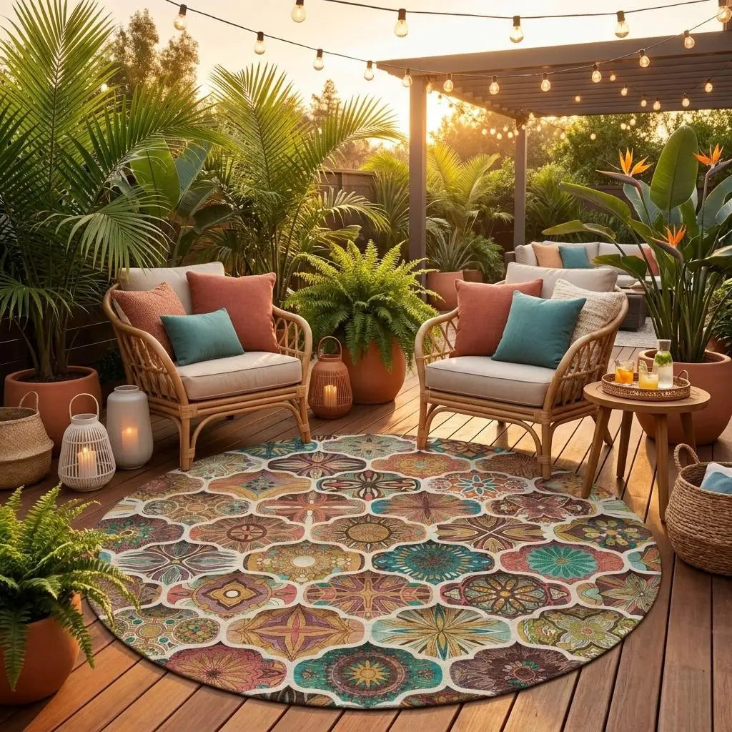 8' Copper And Orange Round Ogee Washable Indoor Outdoor Area Rug Homeroots Outdoor