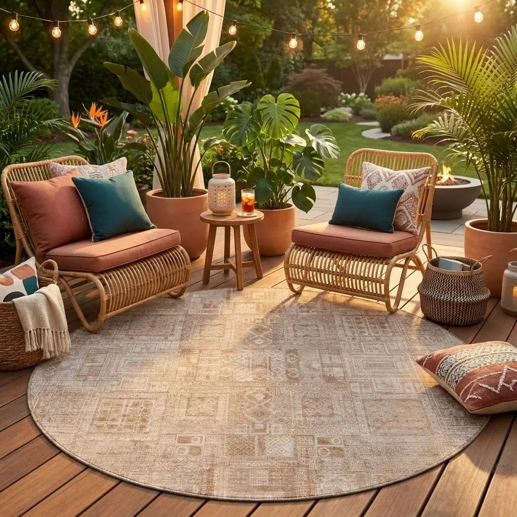8' Copper And Orange Round Oriental Washable Indoor Outdoor Area Rug Homeroots Outdoor