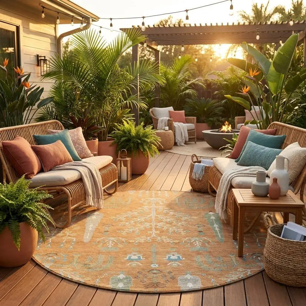 8' Copper And Orange Round Oriental Washable Indoor Outdoor Area Rug Homeroots Outdoor