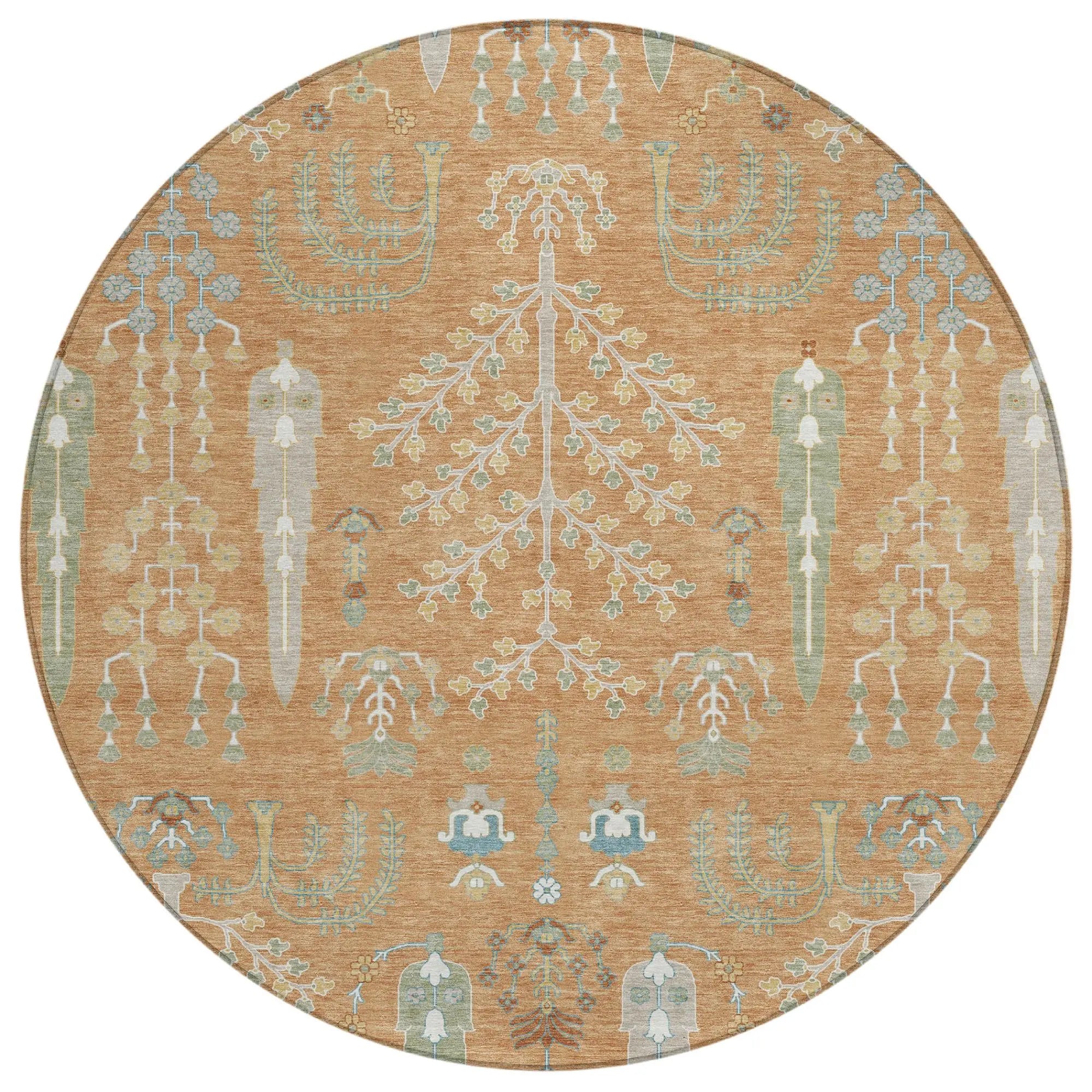 8' Copper And Orange Round Oriental Washable Indoor Outdoor Area Rug Homeroots Outdoor