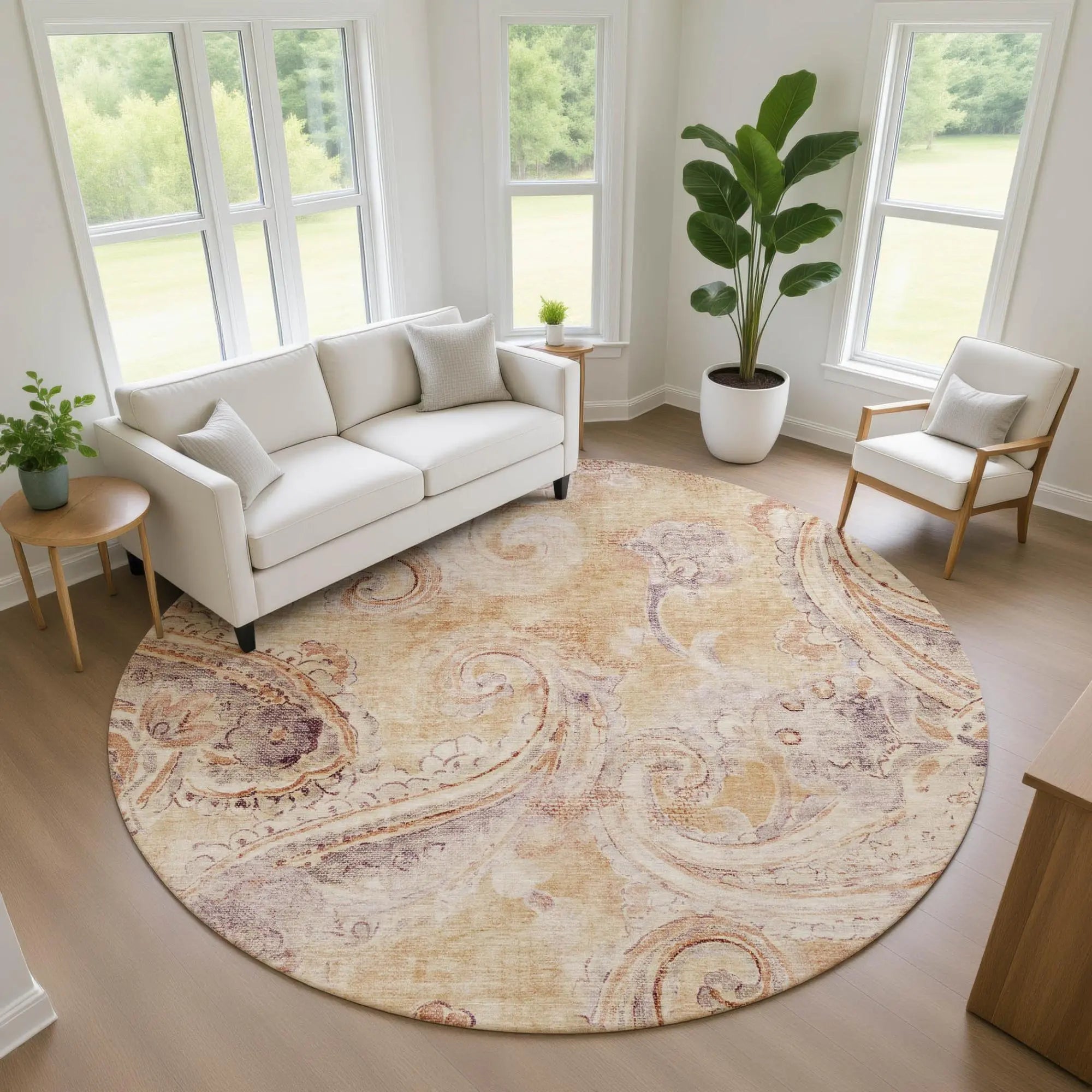 8' Copper And Orange Round Paisley Washable Indoor Outdoor Area Rug Homeroots Outdoor
