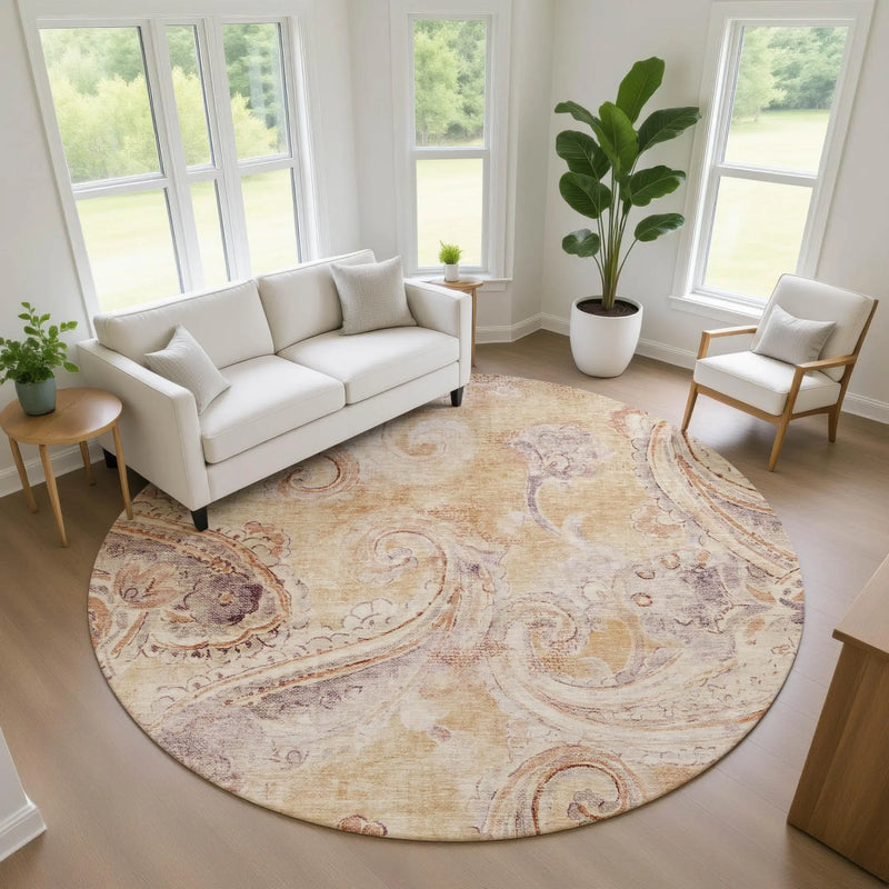 8' Copper And Orange Round Paisley Washable Indoor Outdoor Area Rug Homeroots Outdoor