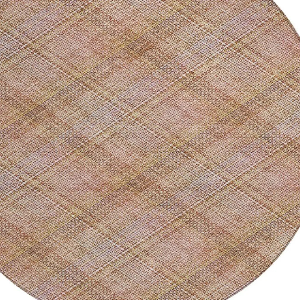 8' Copper And Orange Round Plaid Washable Indoor Outdoor Area Rug Homeroots Outdoor