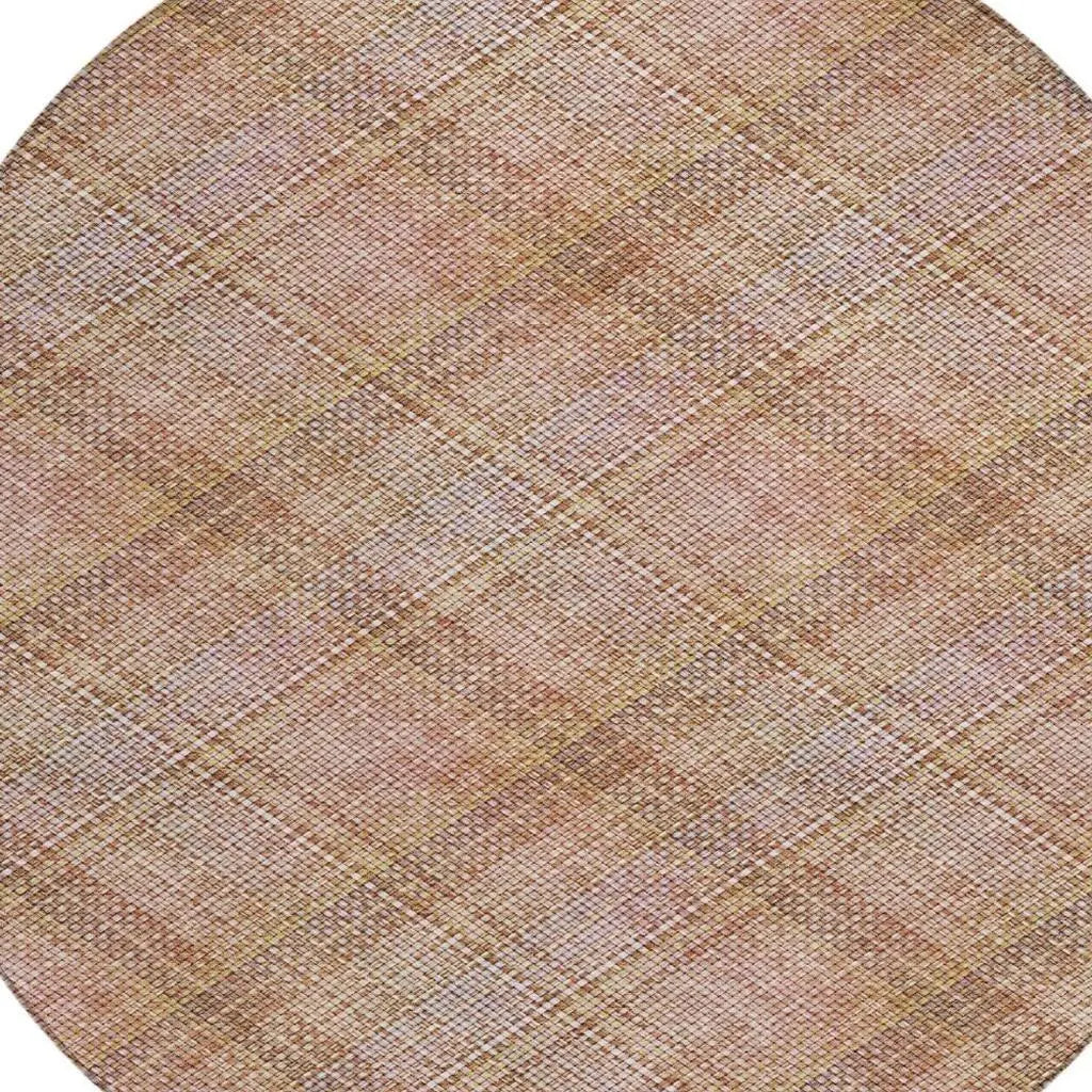 8' Copper And Orange Round Plaid Washable Indoor Outdoor Area Rug Homeroots Outdoor