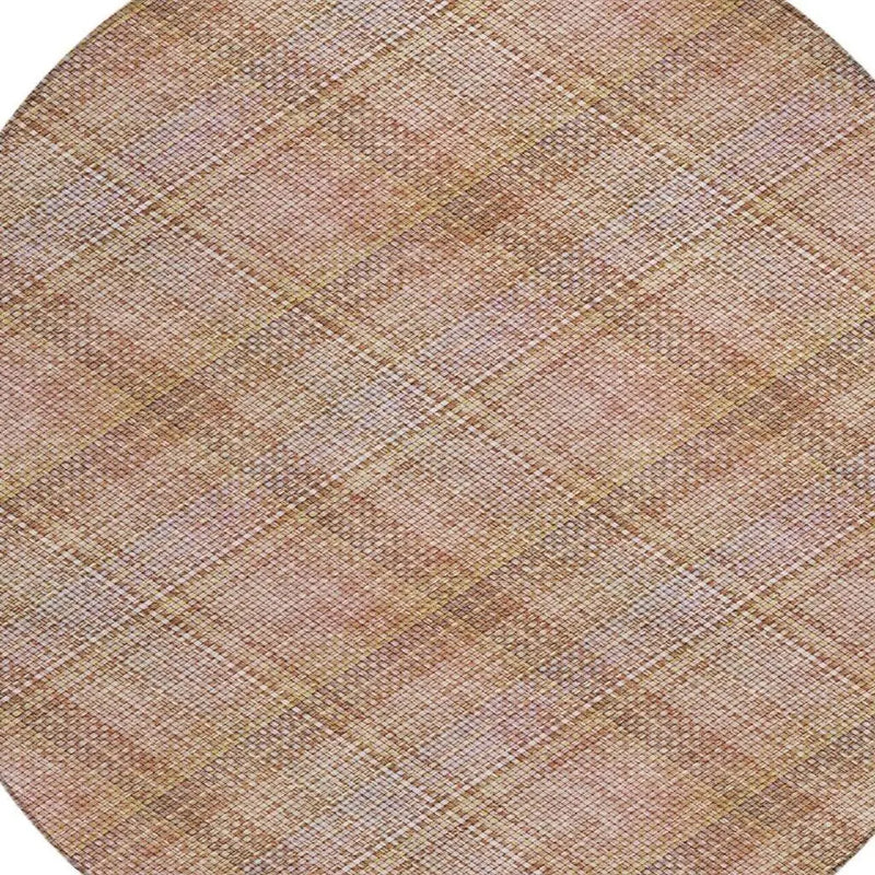 8' Copper And Orange Round Plaid Washable Indoor Outdoor Area Rug Homeroots Outdoor