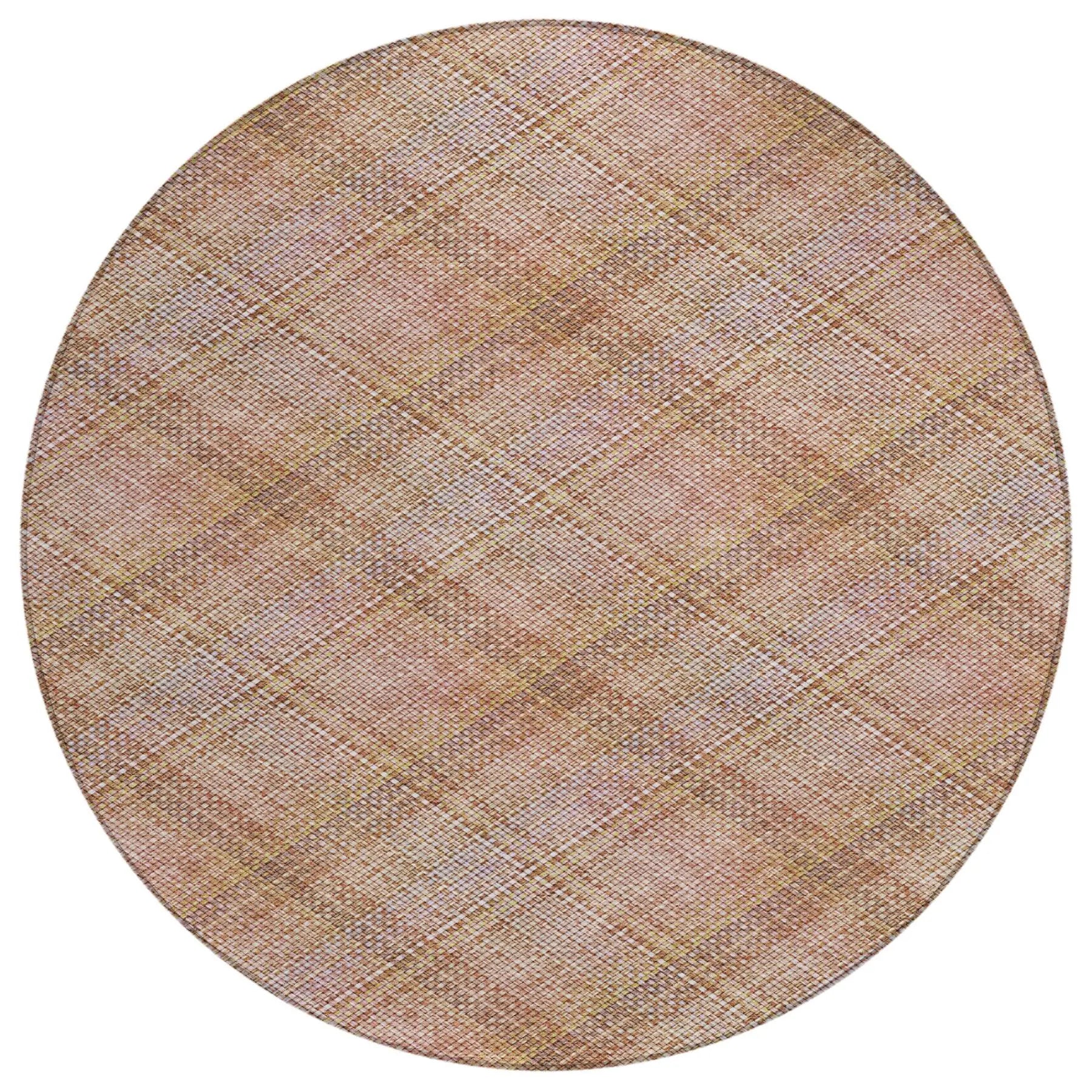 8' Copper And Orange Round Plaid Washable Indoor Outdoor Area Rug Homeroots Outdoor