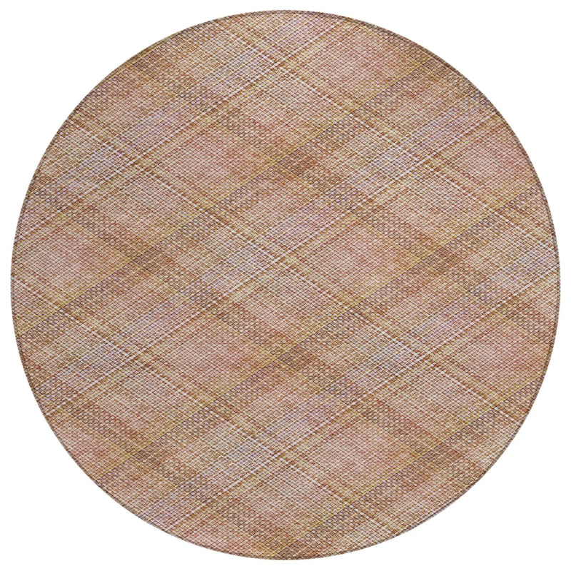 8' Copper And Orange Round Plaid Washable Indoor Outdoor Area Rug Homeroots Outdoor