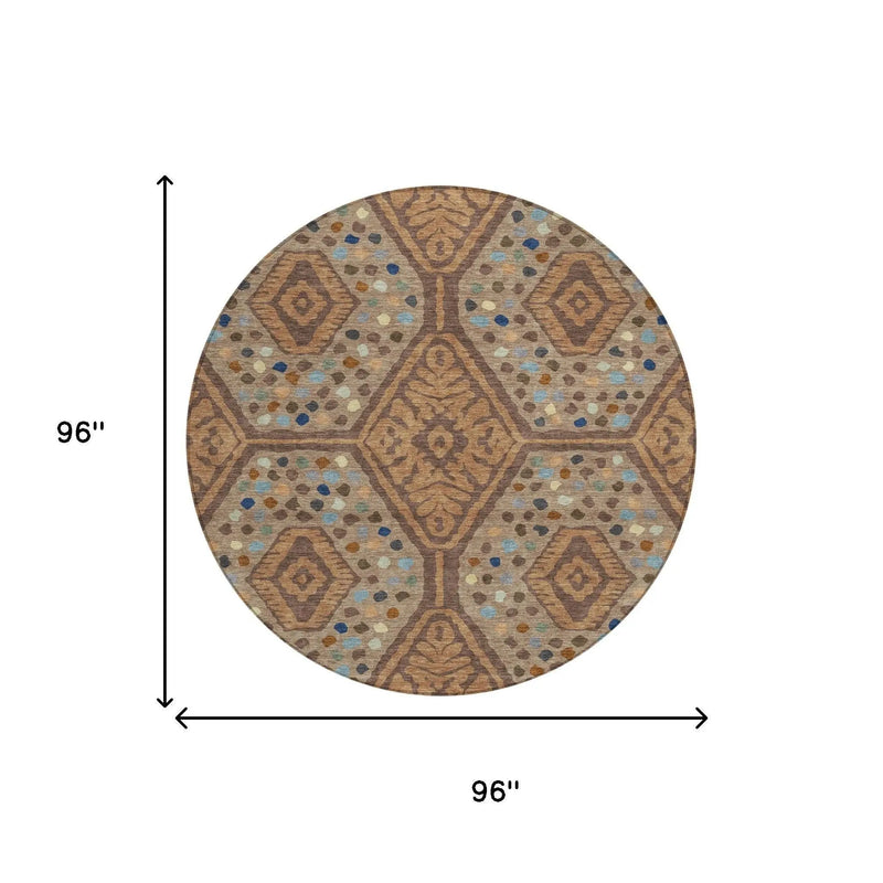 8' Copper And Orange Round Tribal Washable Indoor Outdoor Area Rug Homeroots Outdoor