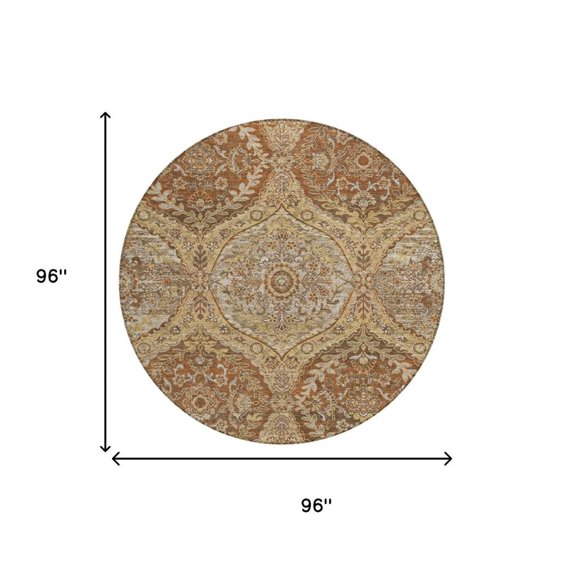 8' Copper And Pink Round Ogee Washable Indoor Outdoor Area Rug Homeroots Outdoor