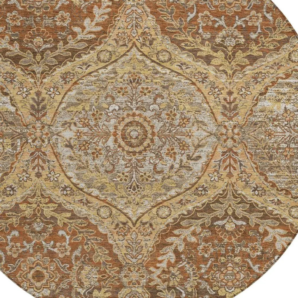 8' Copper And Pink Round Ogee Washable Indoor Outdoor Area Rug Homeroots Outdoor