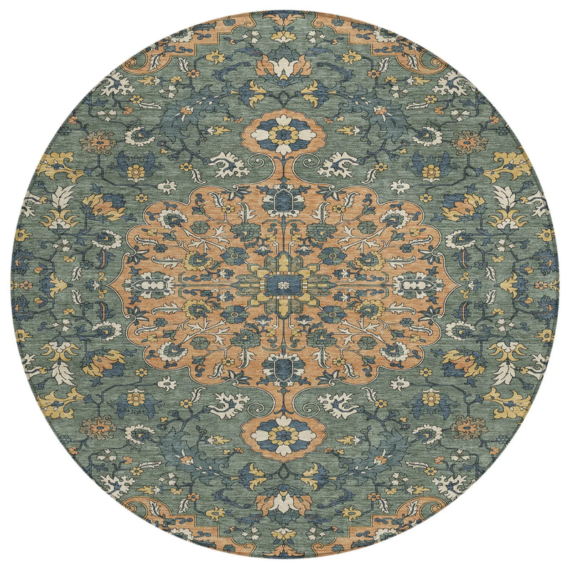 8' Copper And Sage Round Floral Medallion Washable Indoor Outdoor Area Rug Homeroots Outdoor