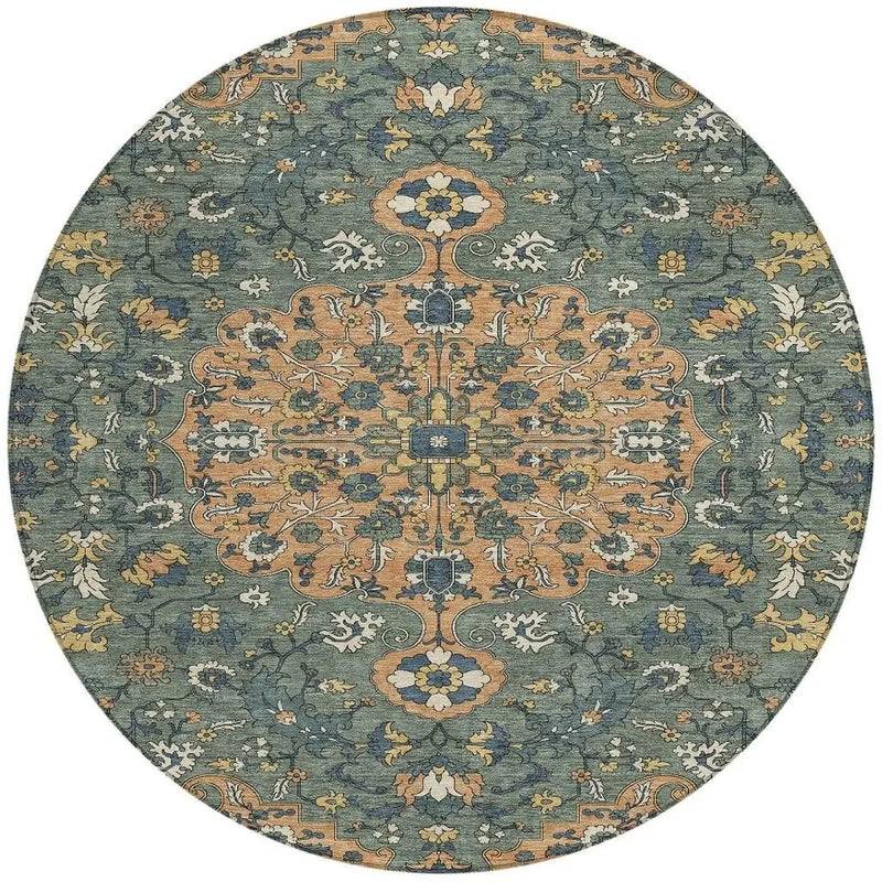 8' Copper And Sage Round Floral Medallion Washable Indoor Outdoor Area Rug Homeroots Outdoor