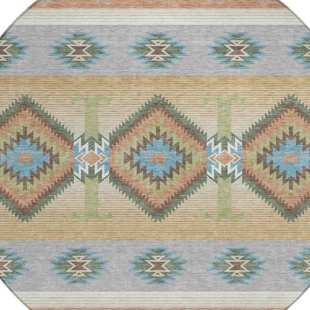 8' Copper And Silver Round Southwestern Washable Indoor Outdoor Area Rug Homeroots Outdoor