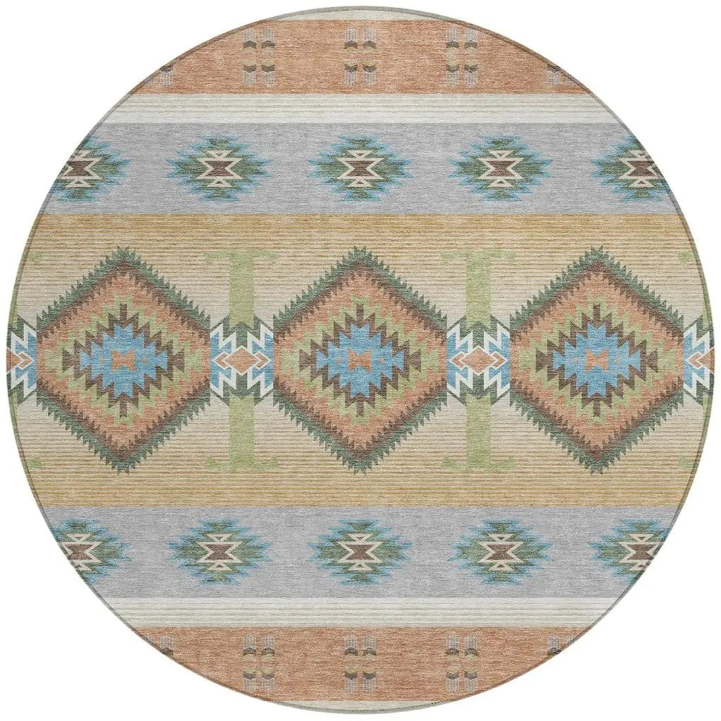 8' Copper And Silver Round Southwestern Washable Indoor Outdoor Area Rug Homeroots Outdoor