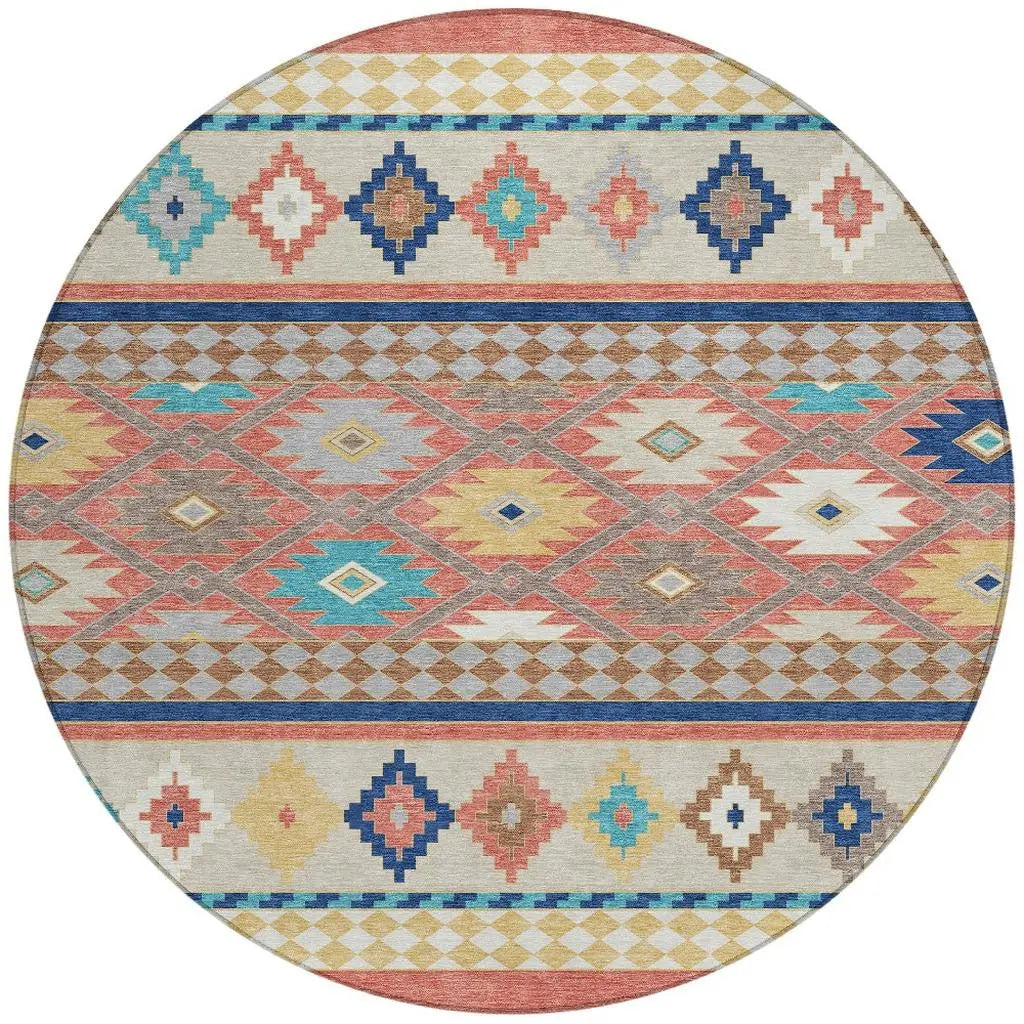 8' Coral And Beige Round Southwestern Washable Indoor Outdoor Area Rug Homeroots Outdoor