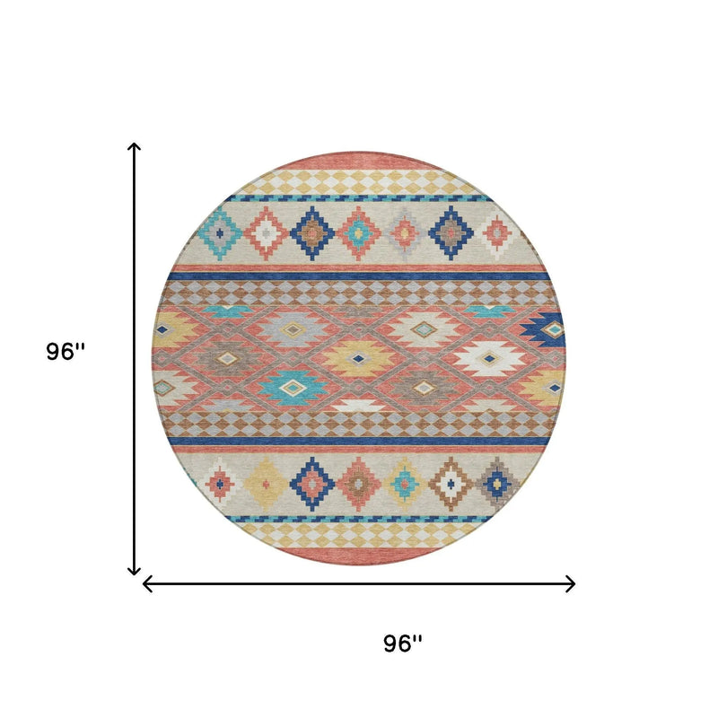 8' Coral And Beige Round Southwestern Washable Indoor Outdoor Area Rug Homeroots Outdoor