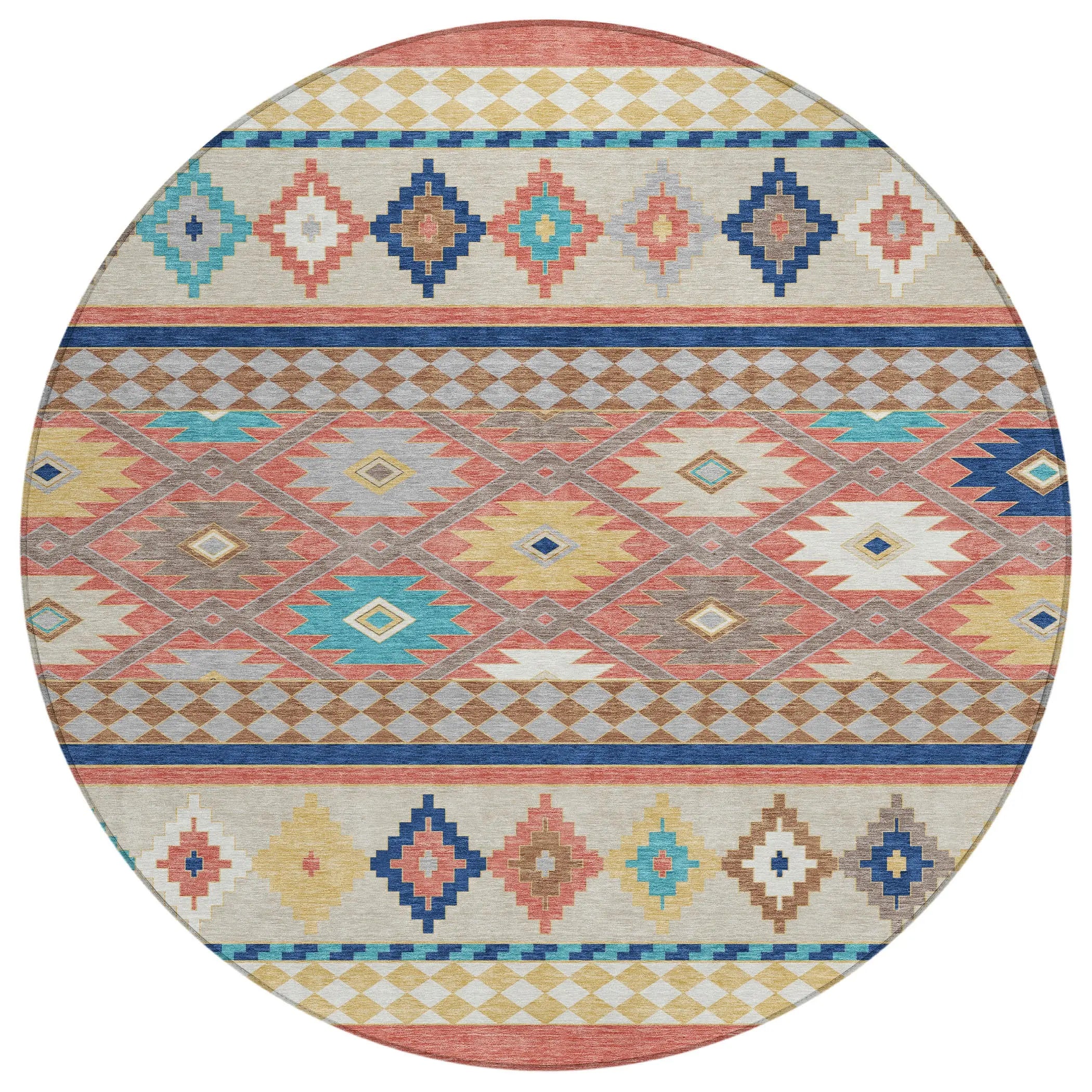 8' Coral And Beige Round Southwestern Washable Indoor Outdoor Area Rug Homeroots Outdoor