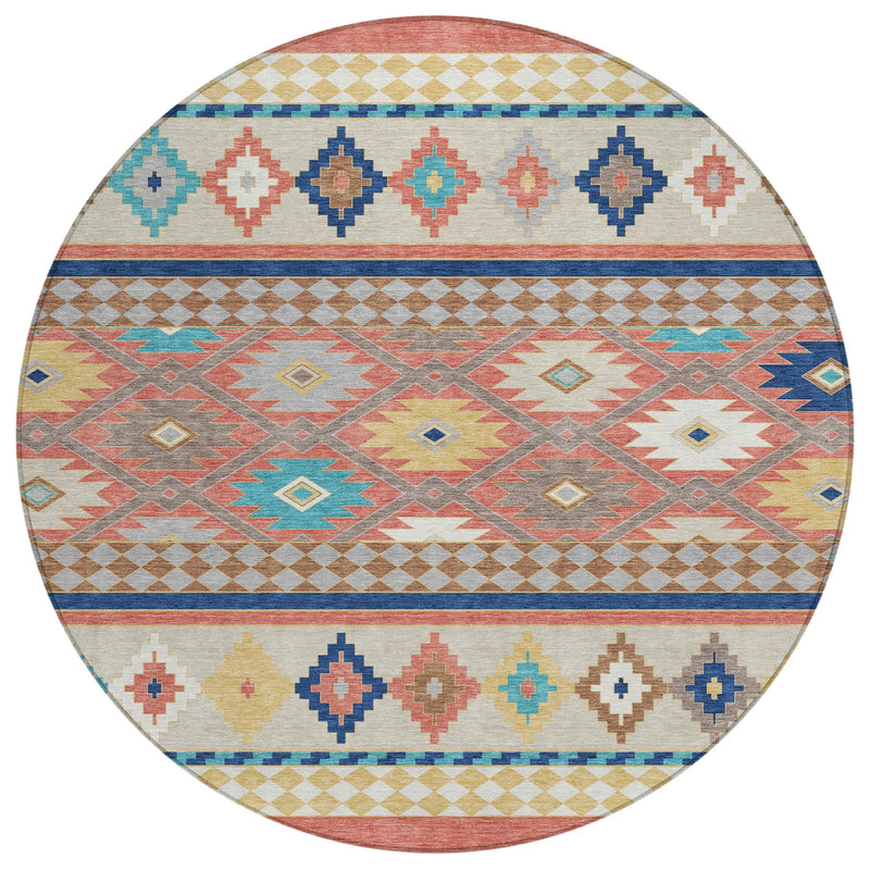 8' Coral And Beige Round Southwestern Washable Indoor Outdoor Area Rug Homeroots Outdoor