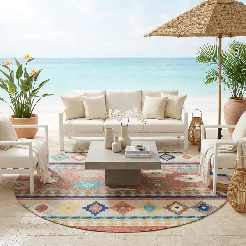 8' Coral And Beige Round Southwestern Washable Indoor Outdoor Area Rug Homeroots Outdoor